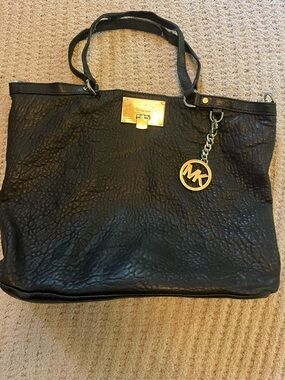 Michael Kors Black Leather Tote Bag with MK Charm
